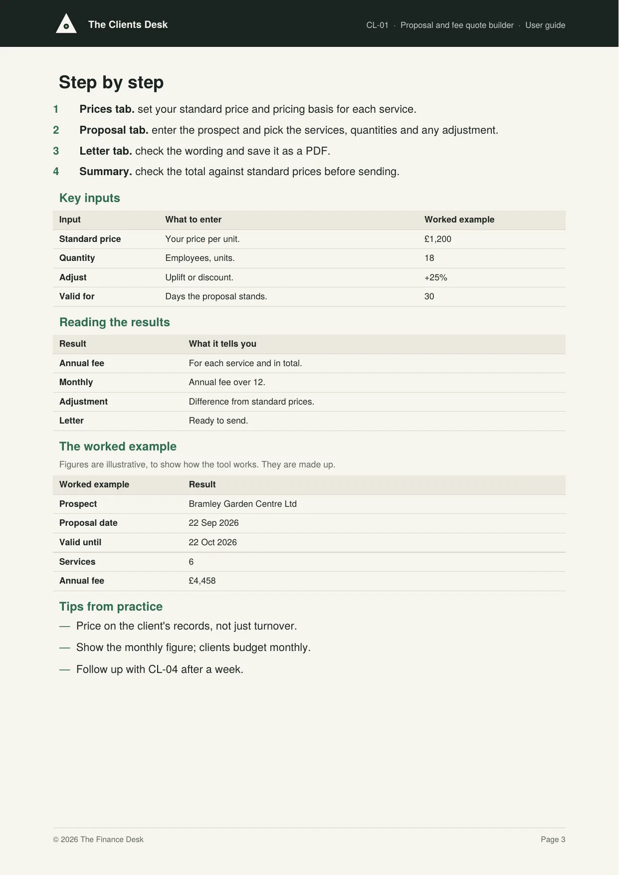 A page from a user guide, from the worked example