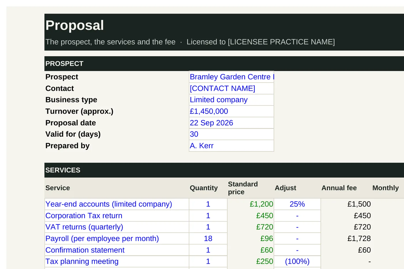 Proposal and fee quote builder, from the worked example