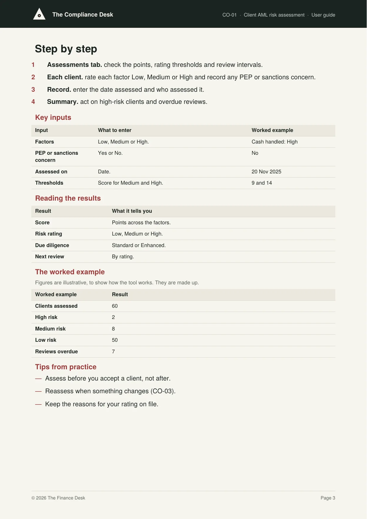 A page from a user guide, from the worked example