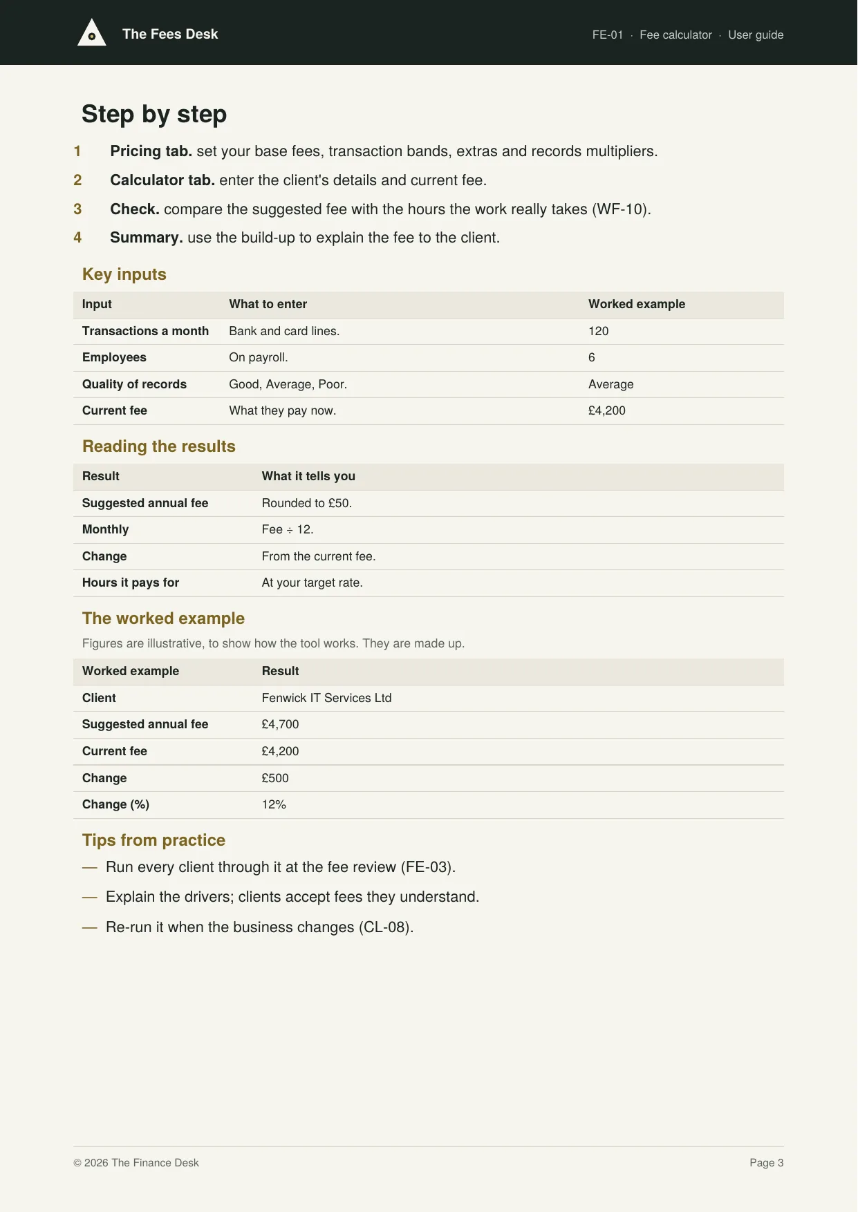 A page from a user guide, from the worked example