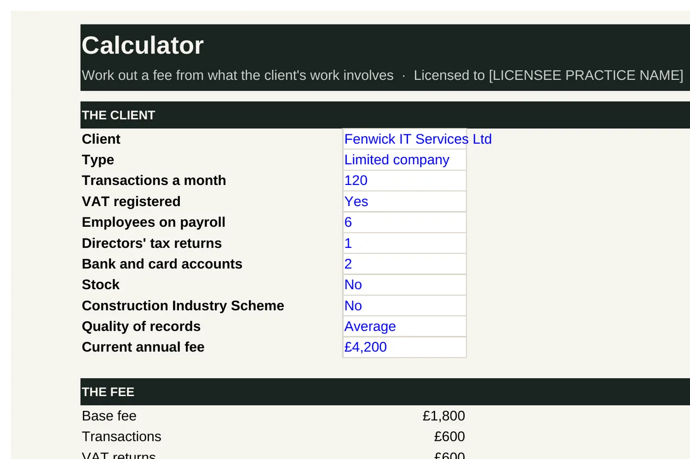 Fee calculator, from the worked example