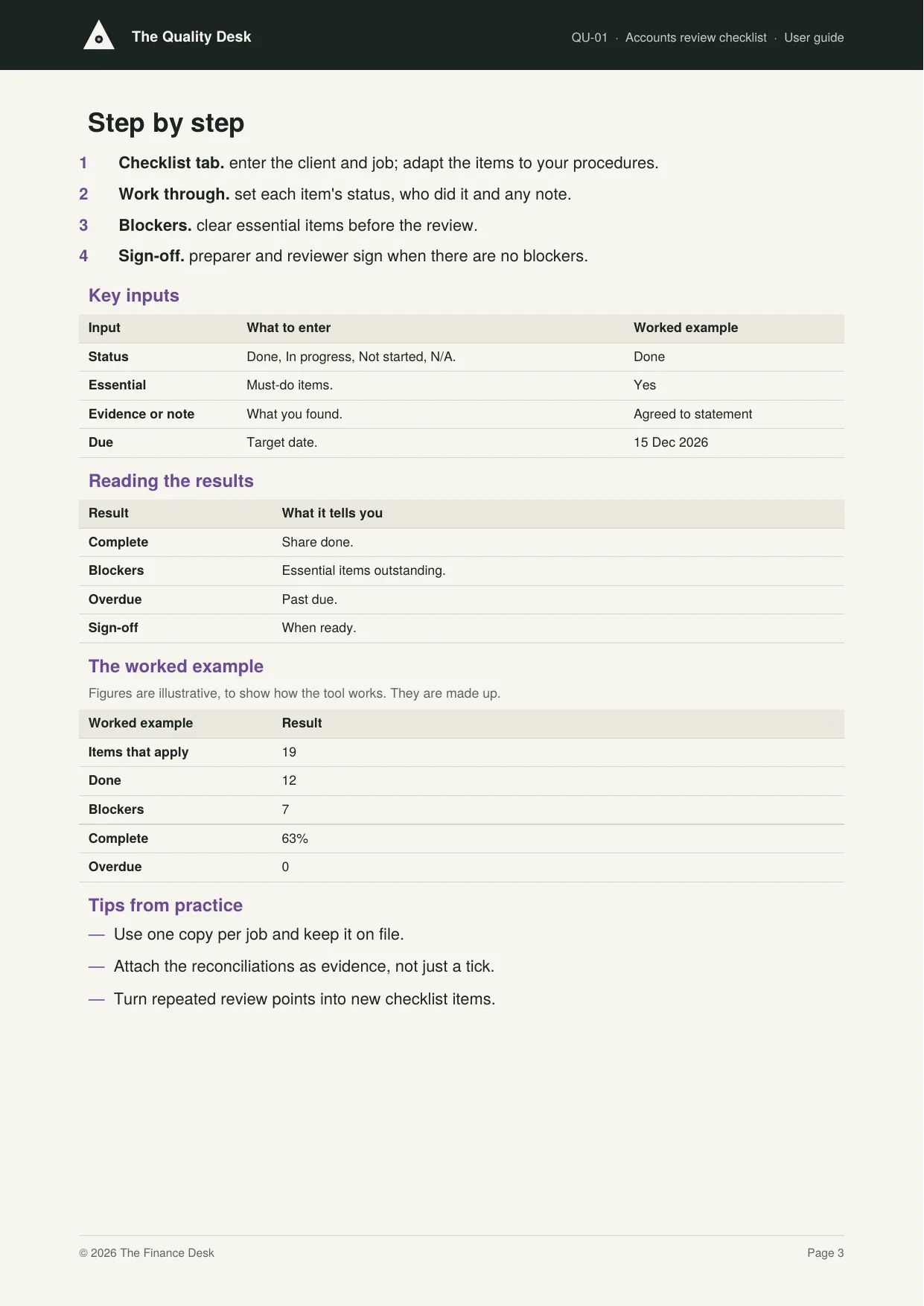 A page from a user guide, from the worked example